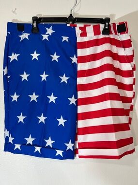 Men's Flat Front Patriotic Shorts in Blue, Red & White